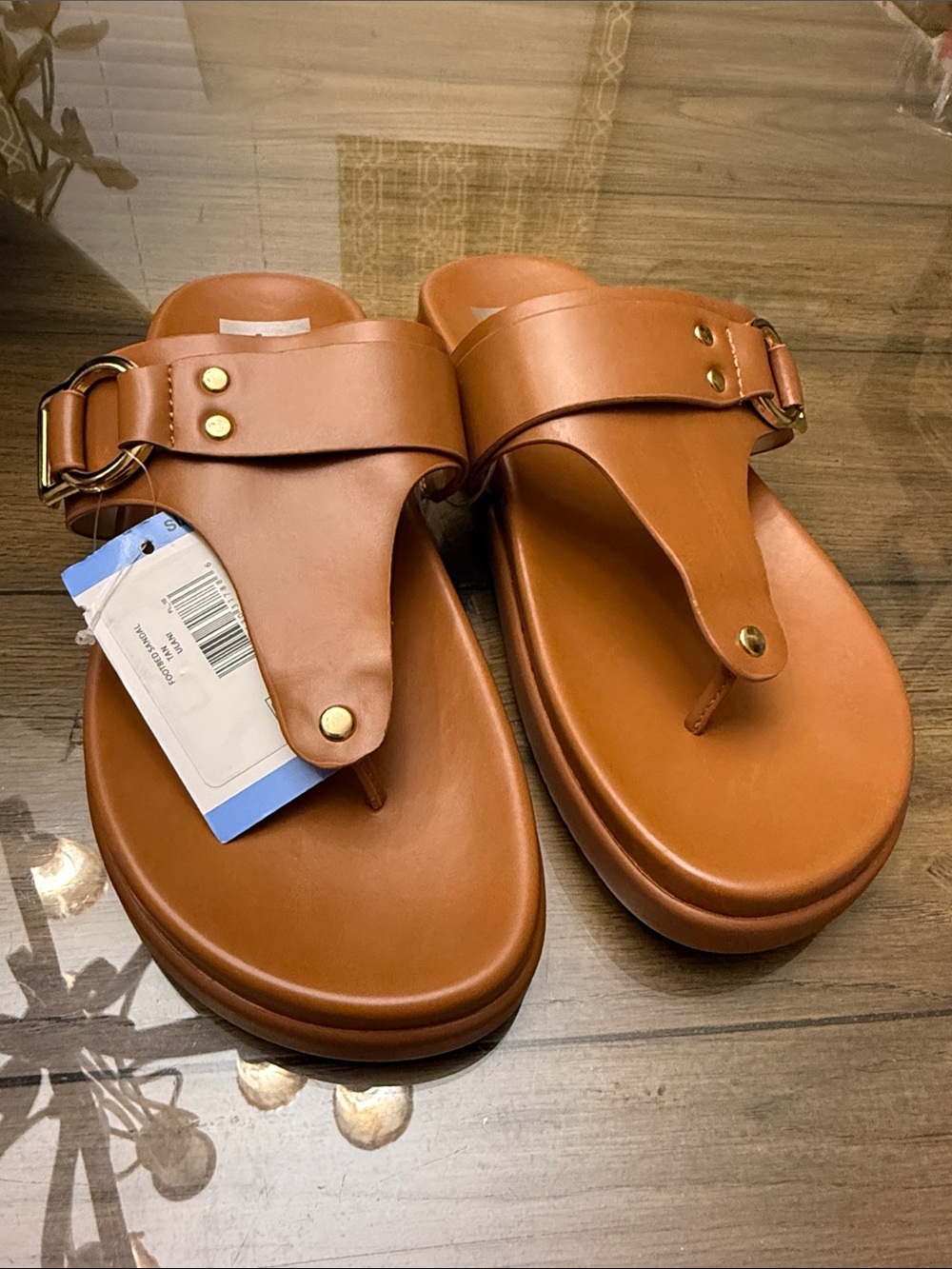 Dolce Vita Tan Leather Toe-Post Slide Sandals with Buckle Detail